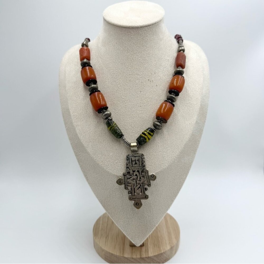 Vintage Ethiopian Coptic Hinged Cross Necklace Amber Bakelite Carnelian Beads